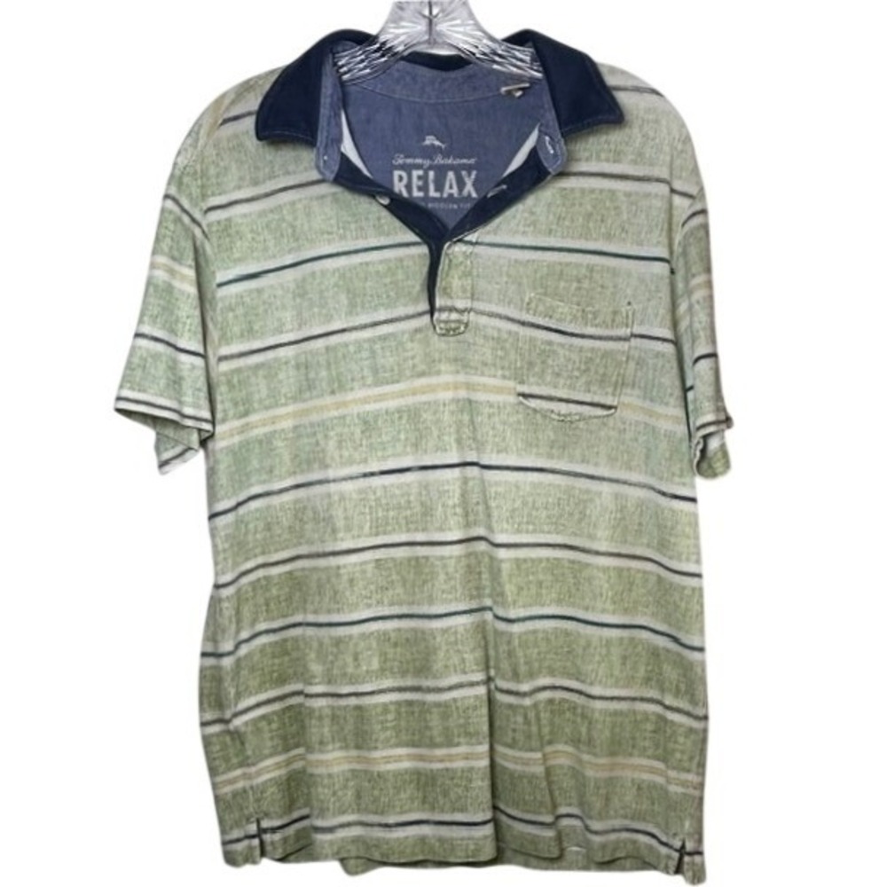 Tommy Bahama Relax Men's Green & Blue Stripe Cotton Polo Shirt MD Island Fit